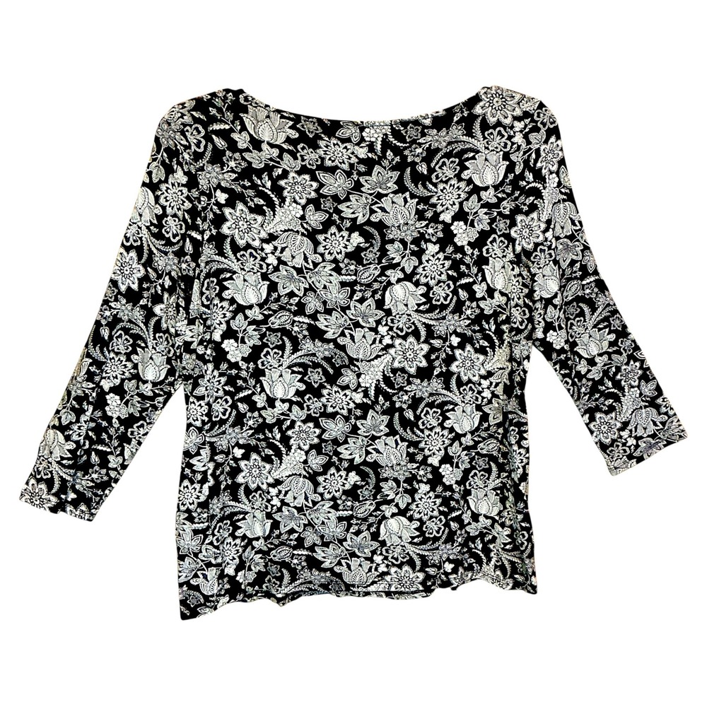J. Jill Top Womens S Black White Wearever Floral Paisley 3/4 Sleeve Boat Neck - Picture 2 of 4